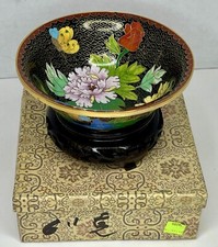 Rare Vintage Handmade Chinese Brass Enamel Cloisonné Floral Bowl On Carved Stand picture