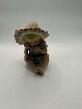 Vintage Bisque Porcelain Seated Girl Figurine Fabric Bonnet Lace 4.5” * picture