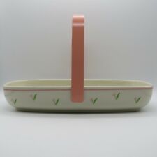TELEFLORA 1985 Ceramic Porcelain Basket Pink Floral Design w/ Pink Metal Handle  picture