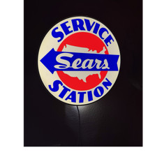 Sears Service Station Gas & Oil Advertising Sign Lighted Round White Blue Red picture