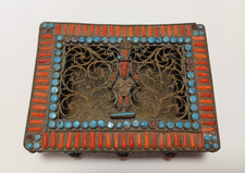Tibetan Nepal Brass Trinket Jewelry Box with Turquoise and Coral Stones picture