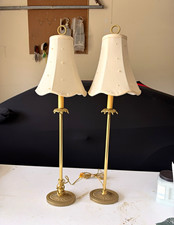 Antique Brass Band Buffet Lamps Pair w pearl Fabric Shades. picture