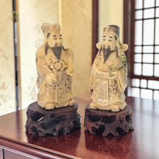 VTG Chinese Finely Carved Resin Scholar Deity Figures Pair Wood Stands 3.25