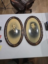 2 Antique Convex Bubble Glass Pictures Tiger Stripe Wood Frame Man & Woman 12x20 picture