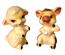 Vintage Big Eyed Pig Lamb Ceramic Figurines Anthropomorphic Farm Japan READ picture