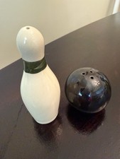 Vintage Bowling Pin and Bowling Ball Salt and Pepper Shakers, Novelty MCM Used picture
