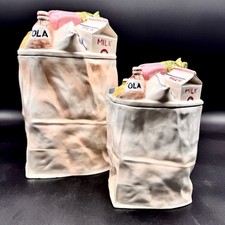 E.S. Molds GROCERY SHOPPING BAG Canister Cookie Jar SET/2 Cola Milk Eggs VTG USA picture