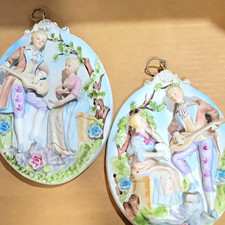 Lipper & Mann Porcelain Raised Relief Oval Romantic Couple Wall Plaques Set of 2 picture