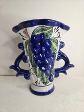 Vase Mexican Pottery Grapes Pears Terra Cotta Blue White Double Handles 8.75