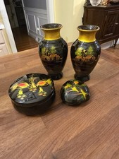 Set of MCM Vietnam Black Lacquer Wood Vases, Stone Rock and Trinket Box picture