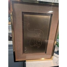 Vintage Harris G. Strong Etched Brass Cats Artwork  Framed Metal Relief Wall Art picture