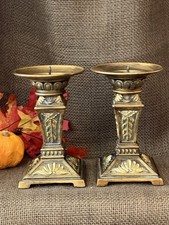 Vintage Pair Ornate Gold Candlestick Holders 6” Neoclassic Leaf Motif picture