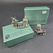 Lot of 2 Metzke Vintage Pewte Mouse And Cat Magnet Thimbles Frig Magnet picture
