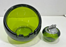 Vintage Viking Olive Green Art Glass Cigar Ashtray with Table Lighter picture