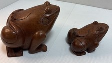 Vintage Hand Carved Wooden Frog Trinket Boxes Set of 2 Hinged Lids Folk Art picture