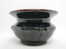 Glazed Spittoon Cuspidor Planter Dark Green & Brown Pottery picture
