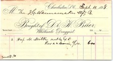 1898 Dr. H. Baer Charleston SC Wholesale Druggist Billhead picture