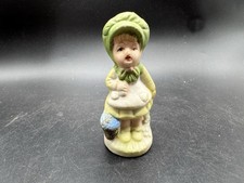 Vintage Bisque Porcelain Little Girl Figurine Green Bonnet Dress Basket 4