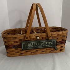 VTG ✅ Handmade 2002 Woven Wood Golf Basket Golfers Welcome Signed Folk Art 16” picture