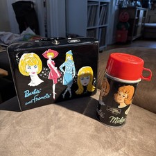 Thermos Barbie Midge Skipper & Francie Black Vinyl Lunchbox & Thermos Set 1965 picture