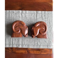Vintage Ram Aries Mahogany Hand Carved Solid Wood 2Bookends Busts Mcm Decor Pair picture
