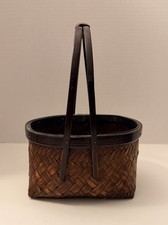 Vintage Handwoven Bamboo Basket Dark Brown Black Finish Long Handle 10