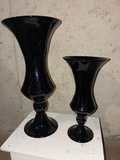 Vtg Empoli Style True Black Amethyst Glass Pedestal Flared Vases Set 15.5