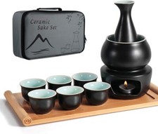 Ceramic Sake Set with Warmer Pot Tray, Stovetop Porcelain Pottery Hot Saki Drink picture