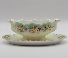 Vtg Haviland France Handpainted Gravy Boat Attached Underplate Gold Accents 9x6 picture