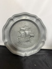 Vintage Pewter Wall Plate Sailing Ship Nautical Decor Scalloped Edge picture