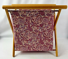 Vtg 1970s Wooden Folding Knitting Basket Fabric Sling Sewing Caddy Magazine Rack picture