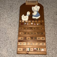Vtg Goose Cottagecore Wooden Perpetual Calendar Country Girl Bonnet Grandma Core picture