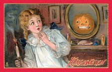 Halloween, Girl Startled by Jack-o'-lantern  Vintage Reproduction Postcard picture