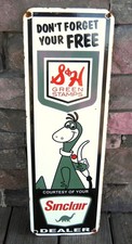 SINCLAIR GASOLINE S & H GREEN STAMPS DINO VTG PORCELAIN ENAMEL GAS FUEL OIL SIGN picture
