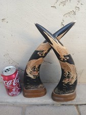 Vintage Asian Carved Water Buffalo Horn Pair Chinese Dragon Art 12