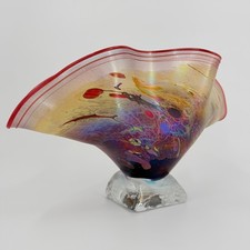 Hand Blown Art Glass Vase Swirl Red Yellow Purple Iridescent Accent Unique Decor picture