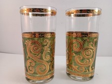 2 VTG MCM Culver Baroque Green Gold Scroll Glasses 22 KT Replacement Barware  picture