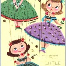 c1950s Vtg Marionette Puppets Get Well Soon Greeting Card Three Little Girls MCM picture