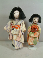 2 Japanese Ichimatsu Gofun Face Silk Kimono Ningyo Hakata Geisha Dolls 6.5