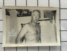 1950s Shirtless Man in Tiled Bathroom Candid Beefcake Vintage Photo picture