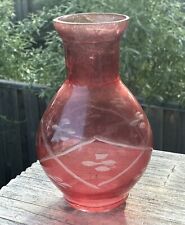 Vintage Cranberry Etched Glass Small Vase Abstract Design H 3.25” picture