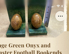 Vintage Green Onyx & Alabaster Football Bookends Pair, Carved, MCM 1950s. picture