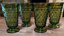 (4) Indiana Glass Whitehall Colony avocado green cubist footed 12oz glasses  picture