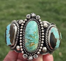 Native American Sterling Silver Royston & Blackjack Turquoise Cuff Bracelet picture