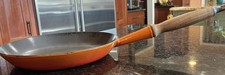 VTG Le Creuset #26 Cast Iron Enamel Skillet 10” Fire Orange Wood Handle picture