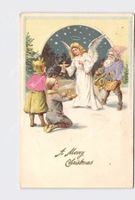 PPC Postcard Merry Christmas Santa And Angel Giving Gifts To Children Silk Embel picture