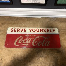 Vintage Coca Cola Serve Yourself Reverse Painted Ribbed Glass Sign 19x8 picture