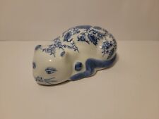 Ceramic Painted Kitty Cat Blue White Floral Figurine Laying Decor 6.5