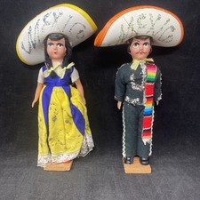 Pair Of 9” Vintage Mexico Folk Art Souvenir Dolls picture