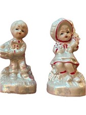Vintage Lusterware Boy & Girl Figurine Porcelain Iridescent White Red Trim 4.75 picture